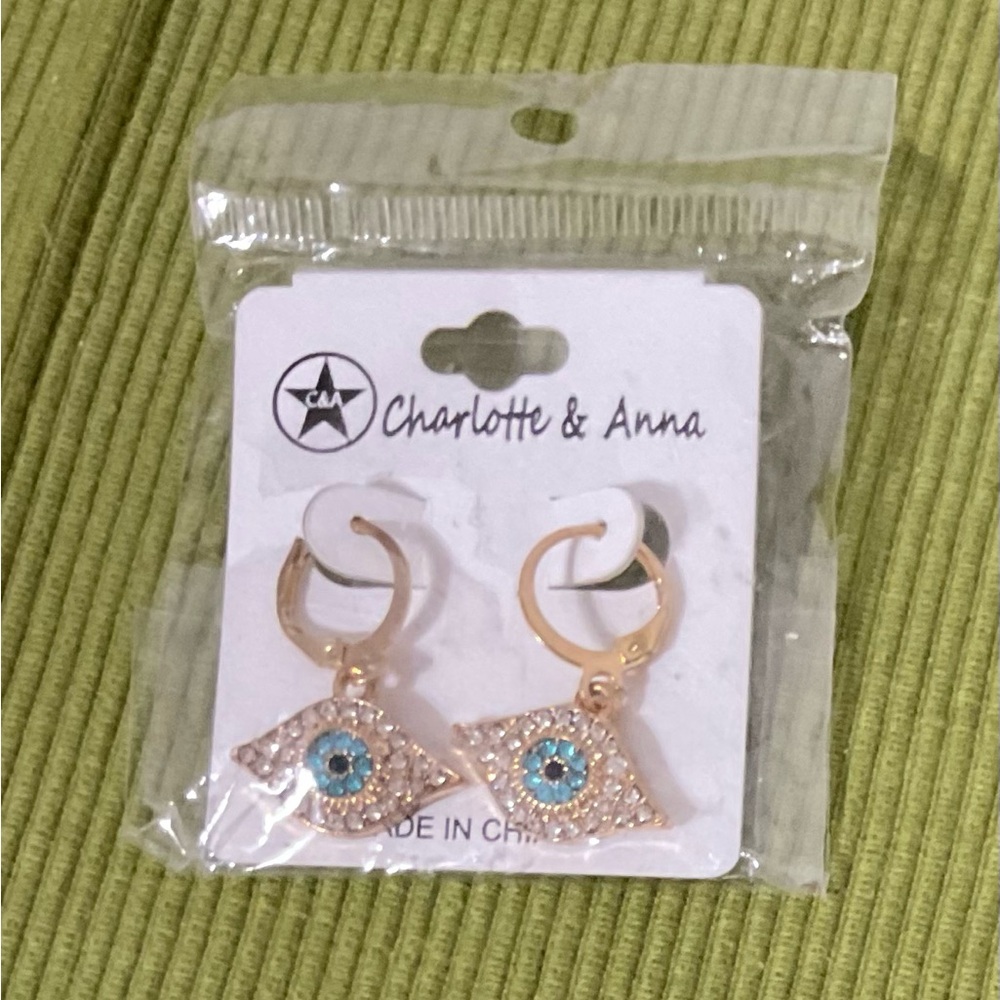 Gold Tone Blue Eye EVIL EYE Earrings Sparkles